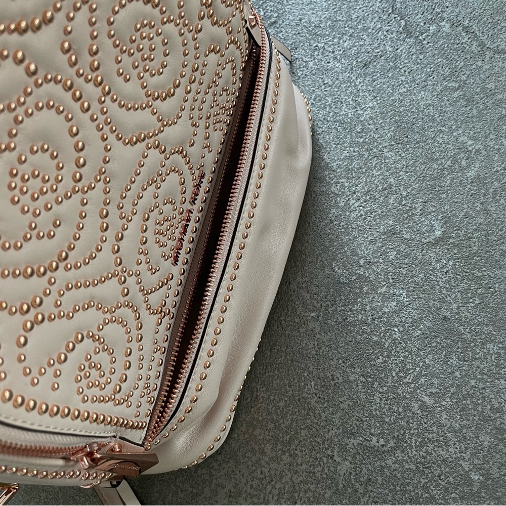 Michael Kors Beige Pink with Rose Gold Metal Rosette Studded Leather Backpack - Picture 14 of 15